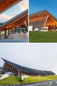 two pictures of a building with solar panels on the roof and an open air parking lot