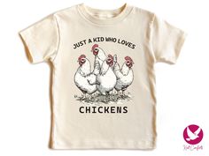 Celebrate your little one's love for chickens with our adorable "Just A Kid Who Loves Chickens" shirt! Perfect for chicken enthusiasts, this stylish toddler tee features a fun, retro design that captures the joy of free-range farm life. Made from soft, breathable fabric, it's ideal for everyday wear or special occasions. Whether you're looking for a unique gift for a birthday or a charming addition to your child's wardrobe, this shirt is sure to delight chicken-obsessed kids and backyard farmers alike. Available in various sizes, it's perfect for toddlers and newborns. Embrace the boho natural style with this whimsical tee that showcases your child's passion for these beloved farm animals. Shop now to let your little one wear their love for chickens proudly! Handmade items How to order: Pl Free Range Kids, Farm Chickens, Chicken Shirts, Chicken Lovers, Free Range, Toddler Tees, Farm Animal, Natural Style, Farm Life