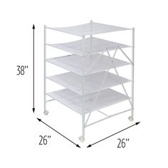 a white shelf with six shelves on each side and measurements for the bottom tiers