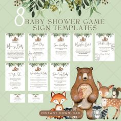 baby shower game sign template with woodland animals