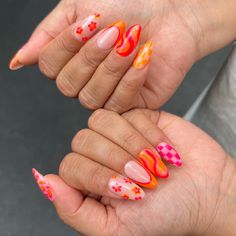 Funky Nails Inspo Summer, Orange Fruit Nail Art, Pink And Orange Nails Flowers, Nails With Oranges Fruit, Summer Orange Nails 2024, Acrylics Short, Neon Nails Designs Summer 2024, Summer Nails 2024 Fruit, Vintage Nail Art