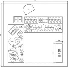 the floor plan for a restaurant with seating areas and tables, including an overhead kitchen area