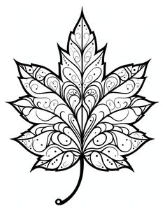 a black and white drawing of a leaf with swirly leaves on it's side