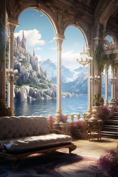 an image of a beautiful castle with mountains in the background and flowers on the floor