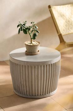 a small potted plant sitting on top of a white table next to a chair