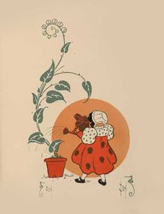 an old book with a ladybug holding a potted plant on the cover