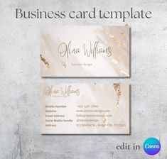 two business cards with gold foil on them, one is white and the other is beige