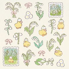 an image of some flowers and animals in the grass on a white background with green leaves