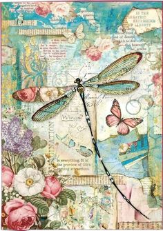 a dragonfly sitting on top of a piece of paper with flowers and butterflies around it