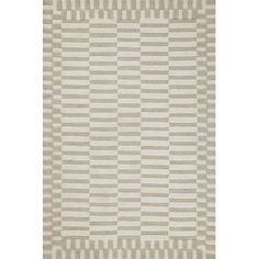 a beige and white rug with vertical lines on it, in the shape of squares