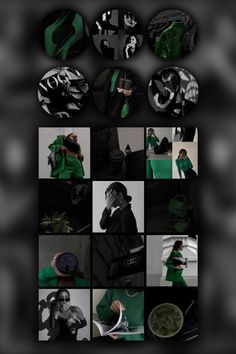 a collage of green and black photos