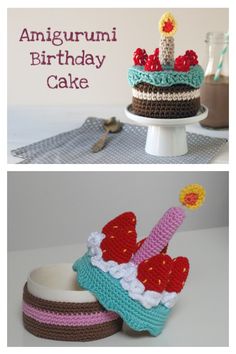 crocheted birthday cake with candles on top and another cake in the middle, sitting on a plate