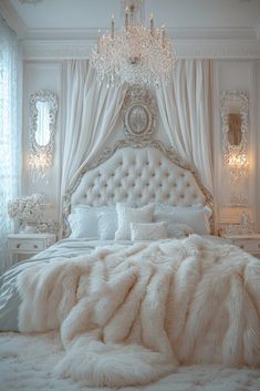 a luxurious bedroom with white fur and chandelier