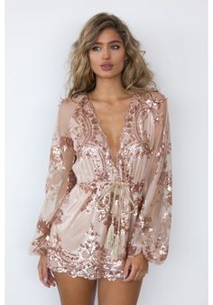 Rose Gold Sparkle Mini Dress // Follow us on Instagram, Facebook and Twitter: @thebohemianguide #bohowedding #rosegold #bridesmaid Gold Sequin Romper, Embroidery Jumpsuit, Sequin Playsuit, Elegant Rompers, 13 Birthday, Gold Dresses, Sequin Flower, Fancy Clothes, Lingerie Outfit