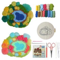 the supplies needed to make this craft include yarn, scissors, and other items that are on display