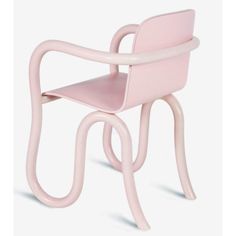 a pink chair with curved arms and legs