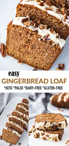 a loaf of gluten - free gingerbread loaf with white frosting and pecans