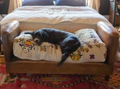 a black dog laying on top of a brown couch