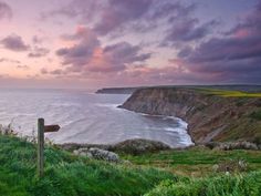 a scenic view of the ocean at sunset with clouds in the sky and green grass on the ground