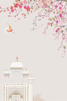 an illustration of a white building with pink flowers on it and two birds flying over it