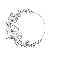 a circle with flowers and leaves on the side, drawn by hand in black ink