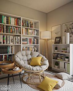 a living room filled with furniture and bookshelves covered in lots of bookcases