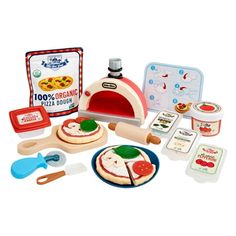 a play food set with pizza and ingredients