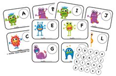 a set of four matching cards with the letters and numbers in different monsters on them