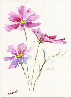 watercolor painting of pink flowers on white paper