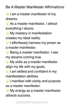 the text is written in black and white, with yellow stars on it that says be a master manifester affirmations