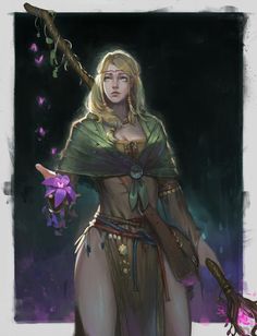 a woman dressed as a princess holding a wand and wearing a green cape with purple flowers on it