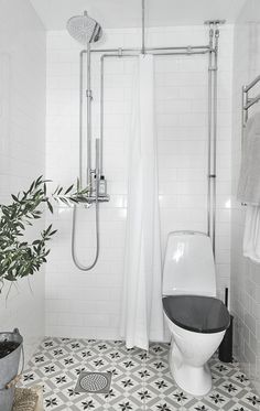 two pictures of a bathroom with white fixtures and tile flooring, one showing the toilet and sink