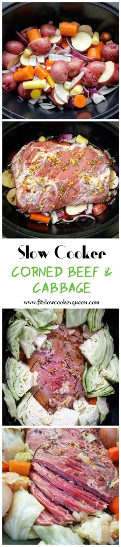 an image of food being cooked in the slow cooker with text overlay that reads slow cooker cabbage and carrots