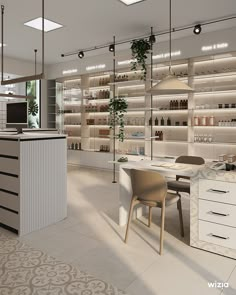 a room filled with lots of white shelves and chairs next to a counter topped with bottles