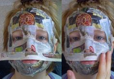 two pictures of a young boy with duct tape covering his face and the other half of his face