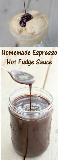 homemade espresso hot fudge sauce in a glass jar