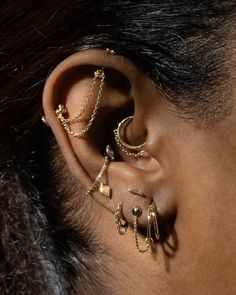 a close up of a person's ear with three different types of piercings