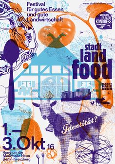 a poster with an image of people and animals on it's side, including the words stand land food