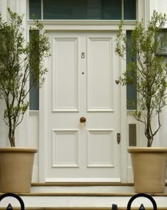 two potted plants sit in front of a white door with black handles on a bench