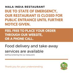 Due to State of Emergency, our restaurant is closed for public entrance until further notice given.  Feel free to place your order through our website, or a phone call or Damejidlo or Wolt or UberEats.  Food delivery and take-away services are available (without entering into our restaurant).  Thank you for your understanding. Restaurant Art, Phone Call, Food Delivery, Indian Food Recipes, Art Work, Entrance