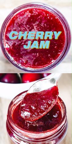 cherry jam in a glass jar with a spoon full of it and the words cherry jam on