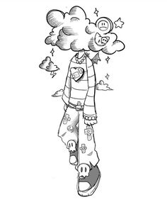 a black and white drawing of a person with clouds in the sky above their head