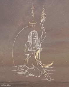 a drawing of a woman sitting on top of a body of water holding a lit candle