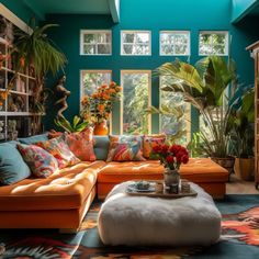 a living room filled with lots of furniture and plants