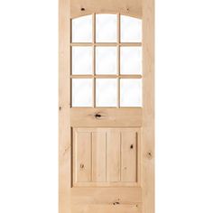 a wooden door with an arched glass paneled in to the top and bottom part