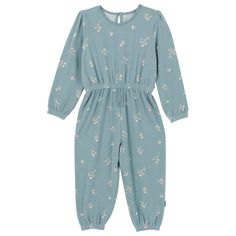 Made from soft hacci fabric, this toddler girl jumpsuit is must-have for her wardrobe. Featuring an elasticized waist for a comfortable fit and cinched wrists and ankles for an extra cozy feel, this jumpsuit is designed with your child's comfort in mind. A decorative waistline drawstring adds a stylish touch to the floral pattern. Perfect for play time or running daily errands, this jumpsuit is a must-have addition to your toddler's wardrobe. Our essentials have been independently certified with STANDARD 100 by OEKO-TEX so that you dont have to worry about harmful substances in your babys wardrobe. This pack includes one toddler girl jumpsuit. Size: 2T.  Color: Blue.  Gender: female. Backless Playsuit, Playsuits Outfit, Toddler Girl Shorts, Toddler Pants, Solid Jumpsuit, Ruffle Romper, Floral Outfit, Long Sleeve Jumpsuit, Sleeveless Rompers