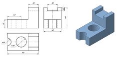 the technical drawing shows how to draw an object with two different angles and measurements for each piece