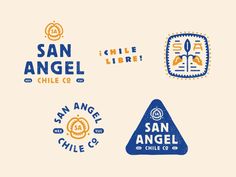 the logos for san angel, chile and chile are shown in blue and orange colors