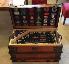 Restored Antique Trunk Used USAF US Air Force Army Retirement Shadow Box and Storage Chest Retirement Shadow Box Ideas, Jrotc Shadow Box Ideas, Air Force Retirement Shadow Box, Marine Military, Navy Retirement, Military Memorabilia Display, Military Shadow Box Ideas, Military Crafts