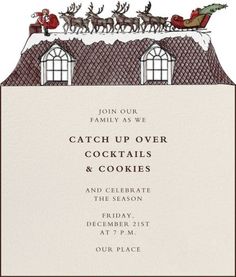 a christmas card with santa's sleigh and reindeers on the roof